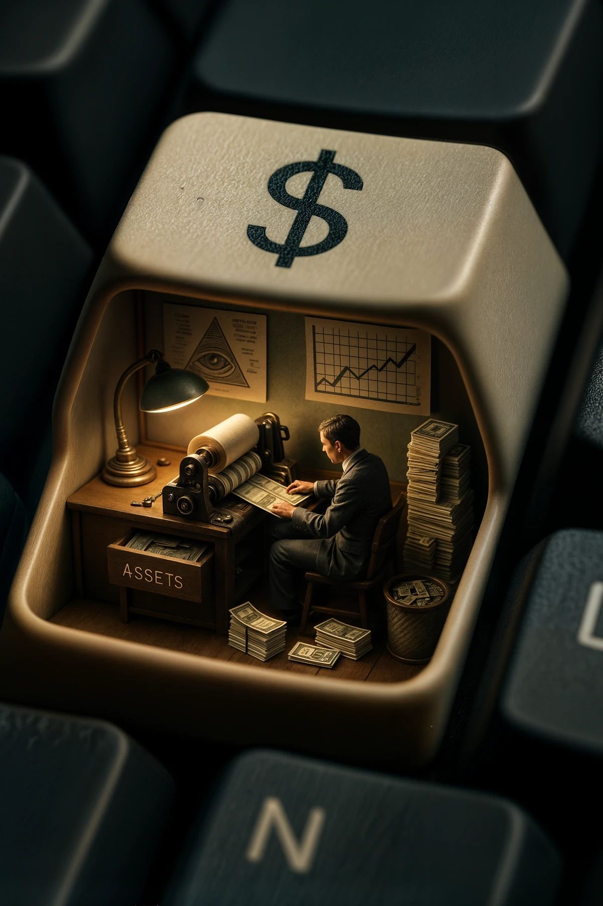 Man printing money at a desk inside a dollar sign key