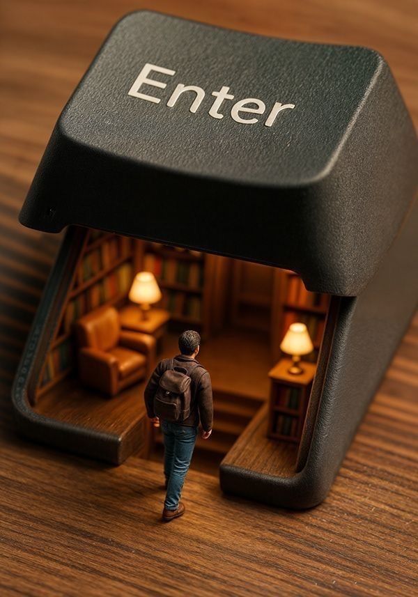 Backpacker walking into a warmly lit library inside an Enter key