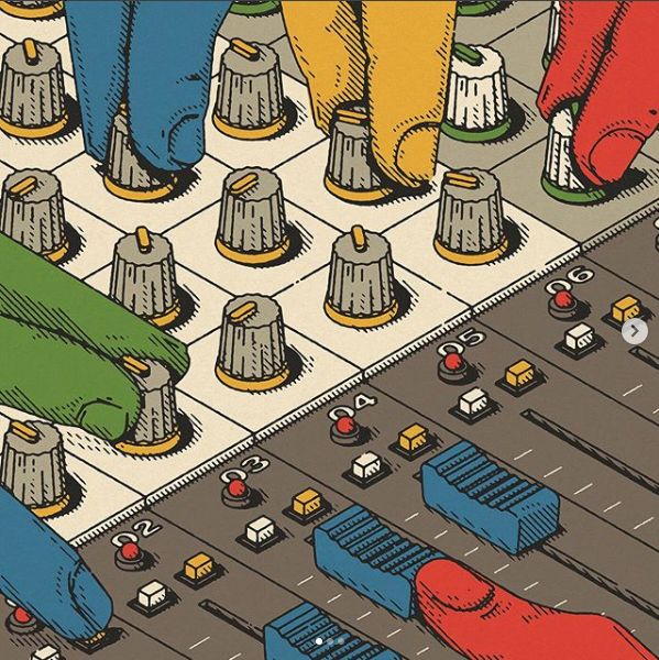 Colorful fingers on mixing board dials