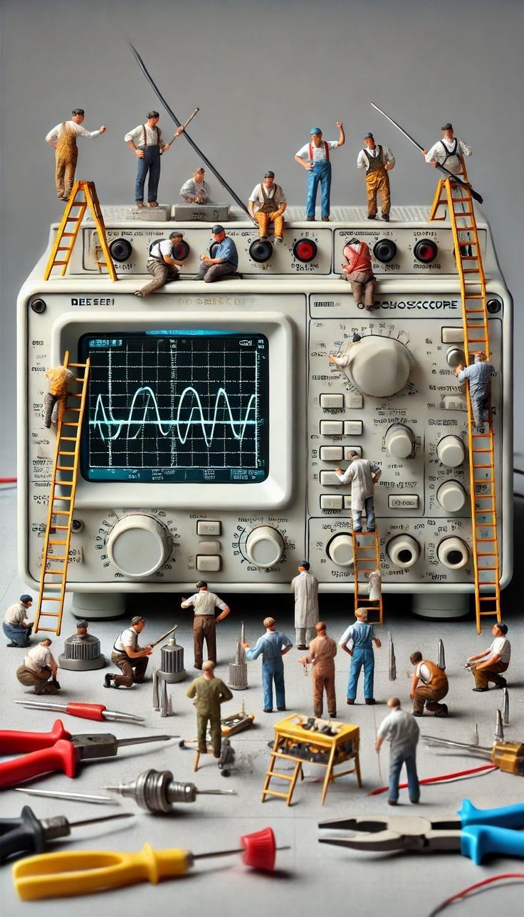 Tiny workers constructing a giant oscilloscope
