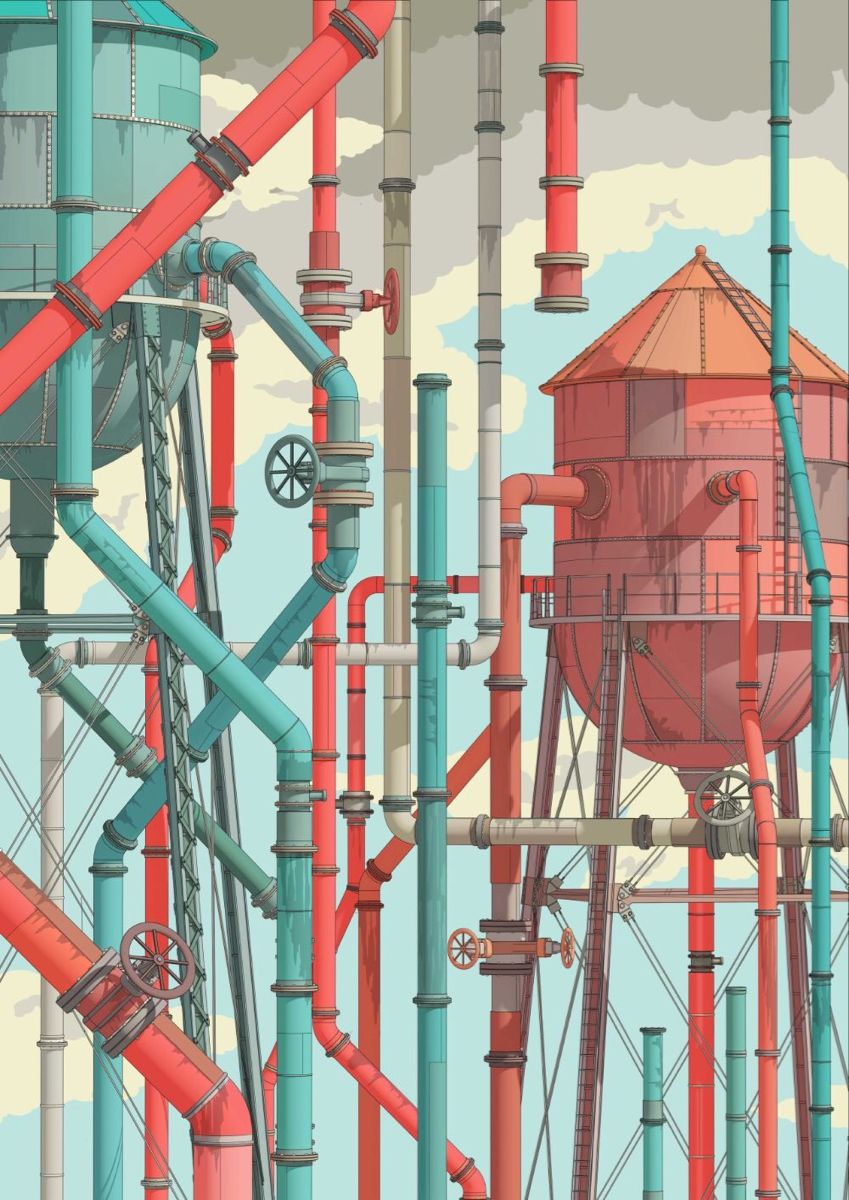 Red and teal industrial pipes