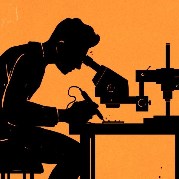Engineer soldering under microscope